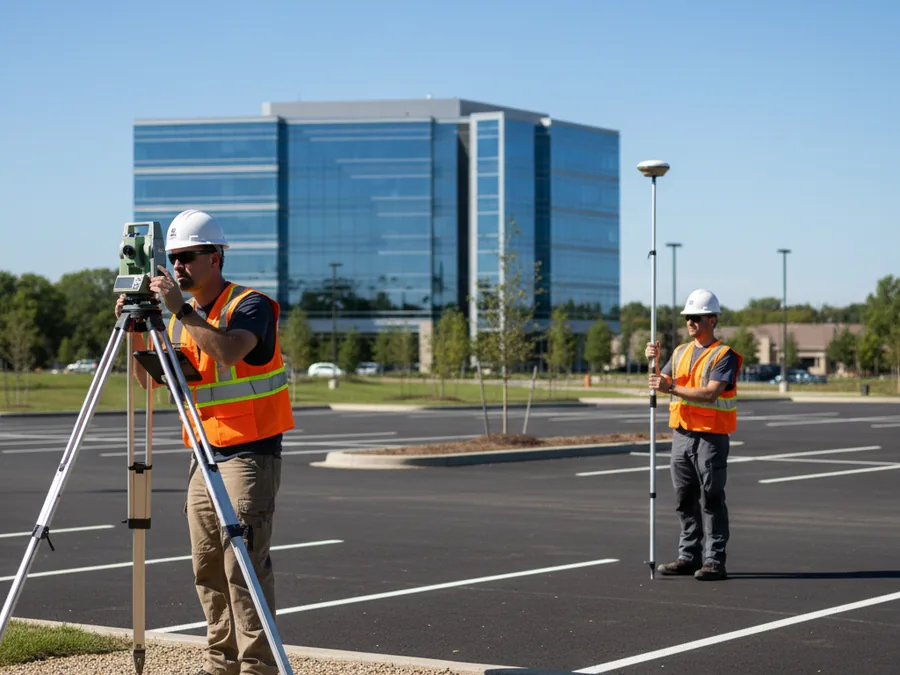 Surveyors performing an ALTA survey at a commercial property in Chicagoland