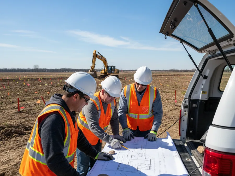 Surveyors reviewing plans at a Chicagoland land development site