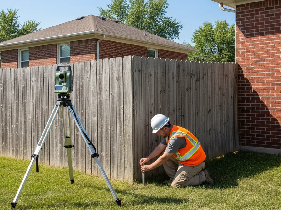 Surveyor setting a marker at a residential property corner in Chicagoland