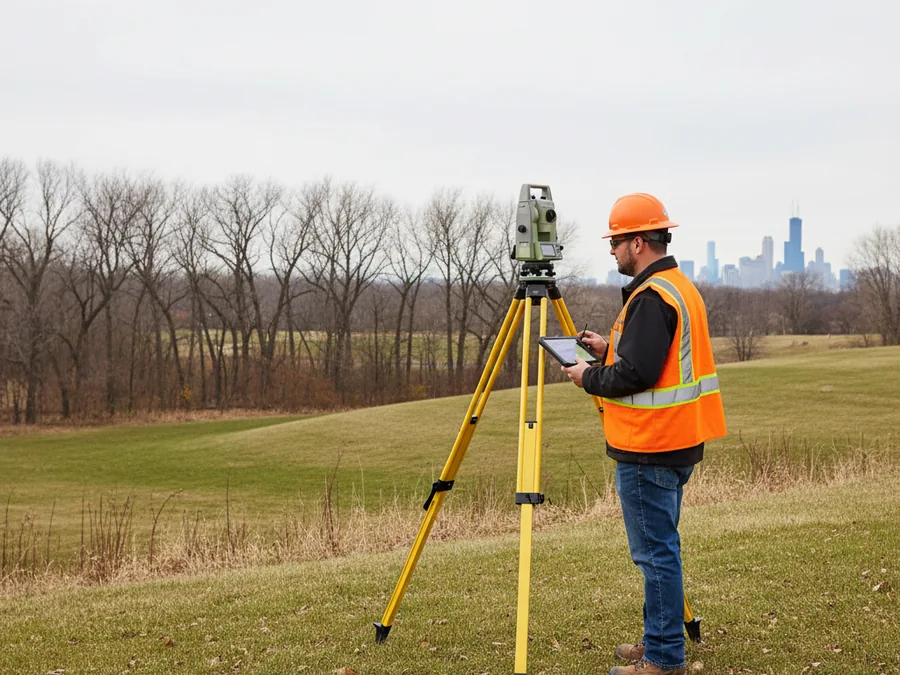 Surveyor mapping site topography with a total station in Chicagoland